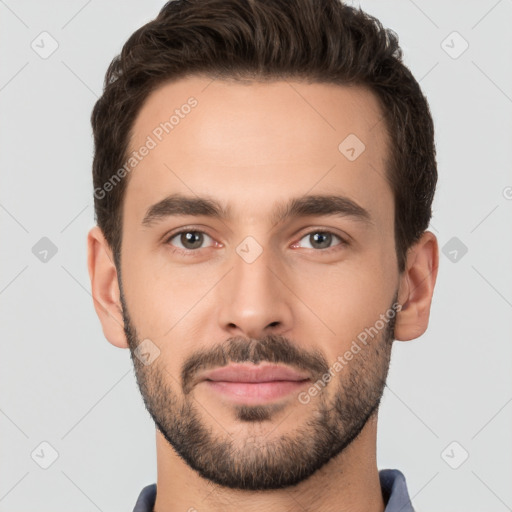 Joyful white young-adult male with short  brown hair and brown eyes