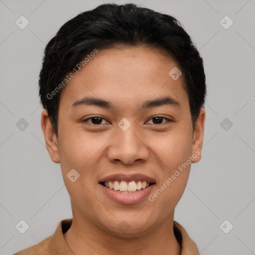 Joyful latino young-adult female with short  brown hair and brown eyes