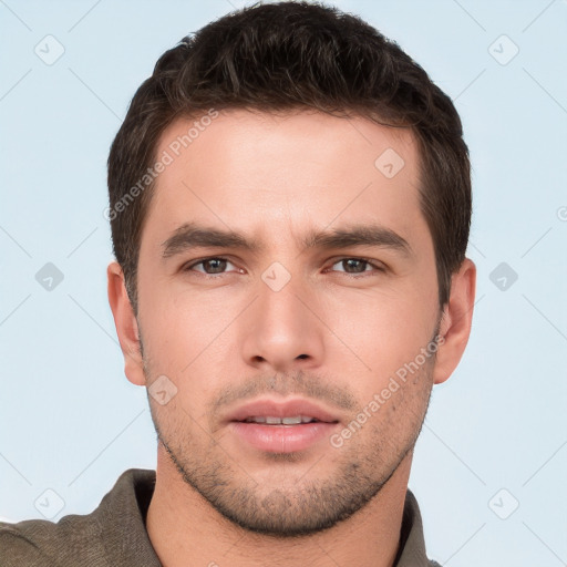 Neutral white young-adult male with short  brown hair and brown eyes