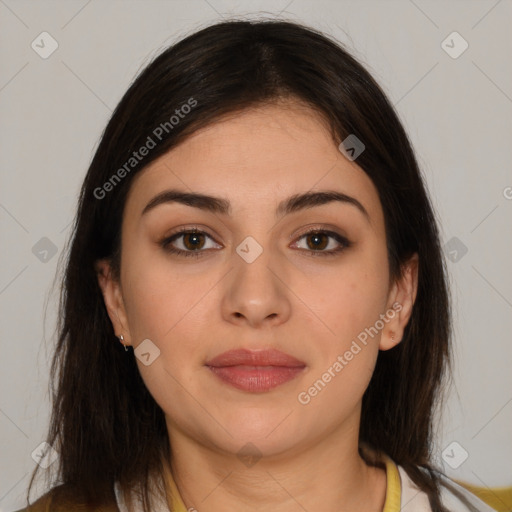 Joyful white young-adult female with medium  brown hair and brown eyes