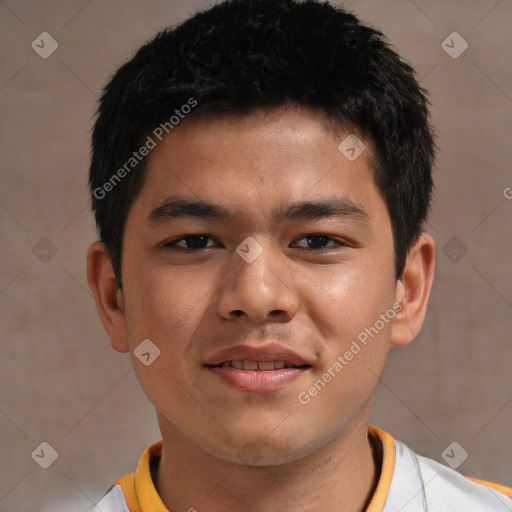 Joyful asian young-adult male with short  brown hair and brown eyes