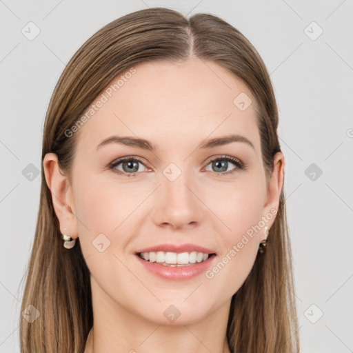 Joyful white young-adult female with long  brown hair and grey eyes