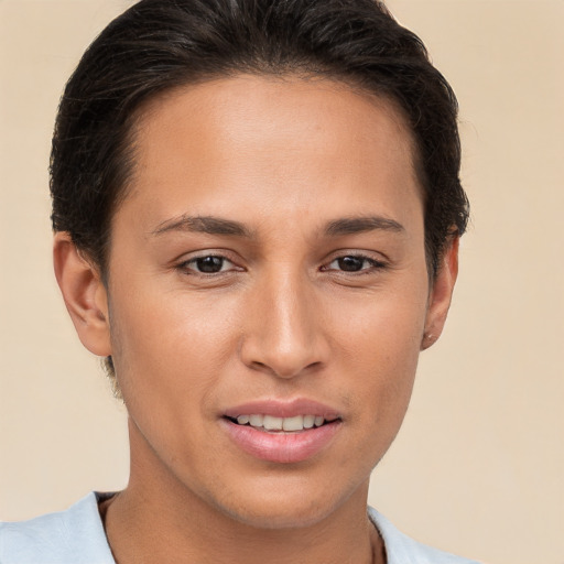 Joyful white young-adult female with short  brown hair and brown eyes