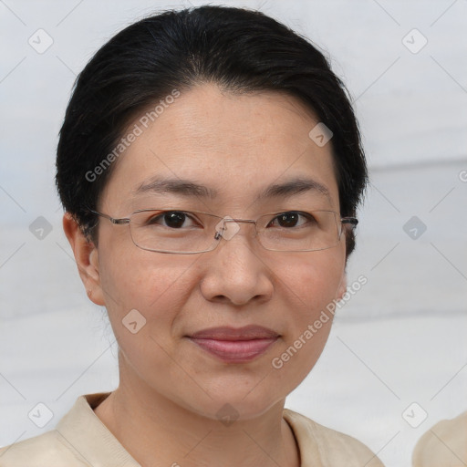 Joyful white adult female with short  brown hair and brown eyes