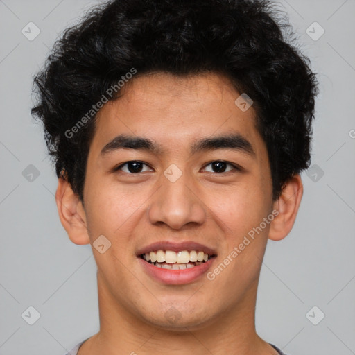 Joyful latino young-adult male with short  brown hair and brown eyes