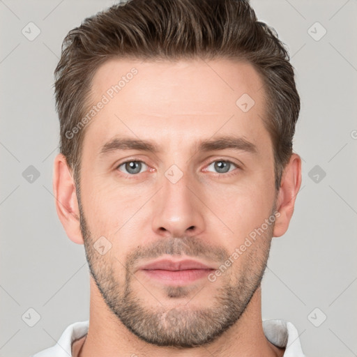 Neutral white young-adult male with short  brown hair and brown eyes