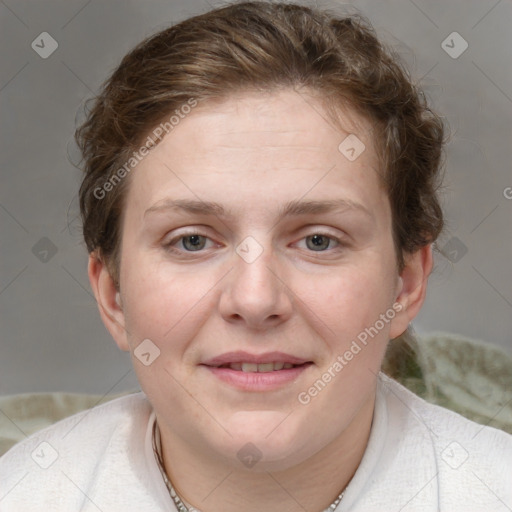 Joyful white young-adult female with medium  brown hair and blue eyes