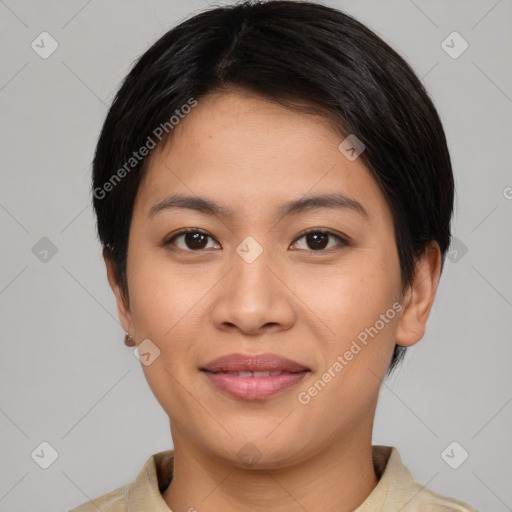 Joyful asian young-adult female with short  brown hair and brown eyes