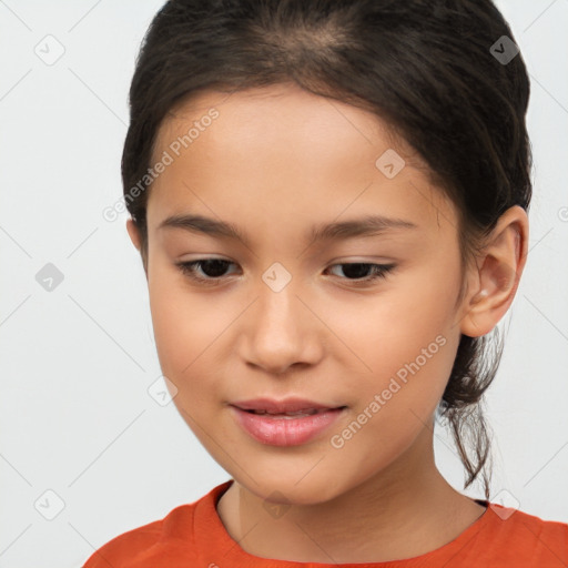 Joyful white child female with medium  brown hair and brown eyes