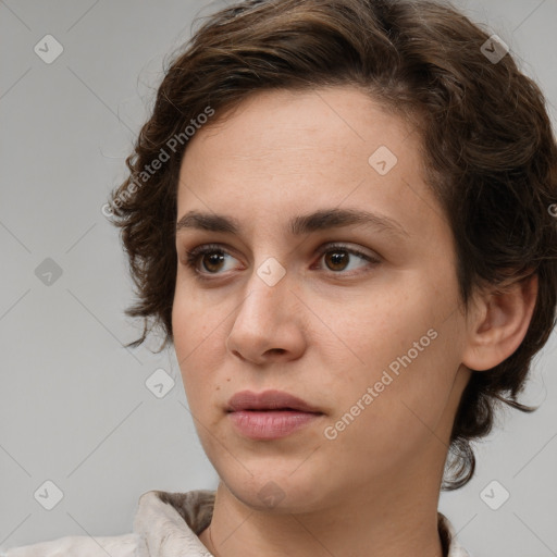 Neutral white young-adult female with medium  brown hair and brown eyes