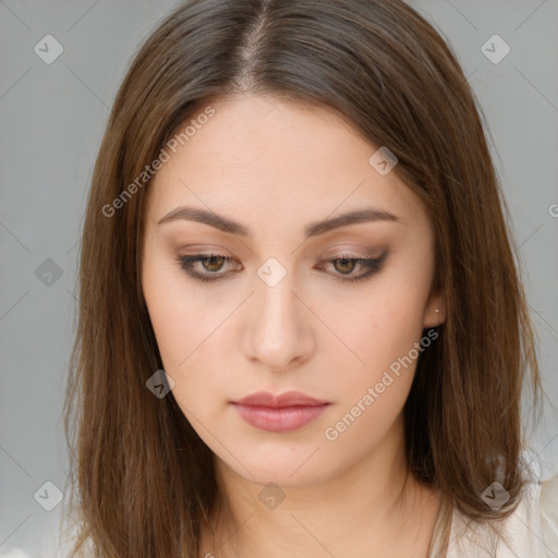 Neutral white young-adult female with long  brown hair and brown eyes