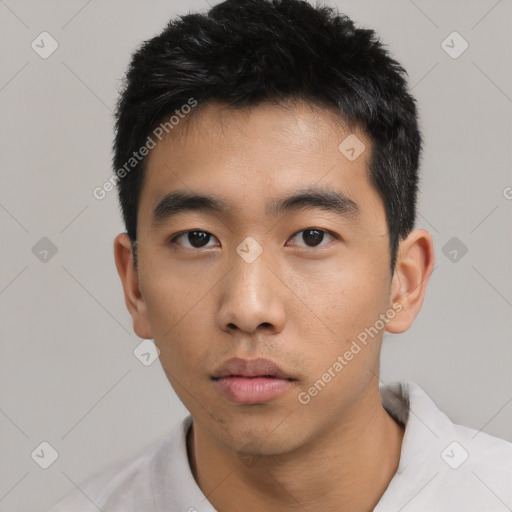 Neutral asian young-adult male with short  black hair and brown eyes