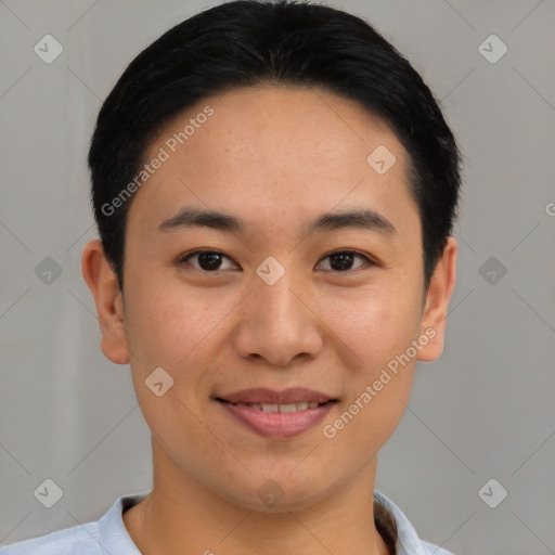 Joyful asian young-adult male with short  black hair and brown eyes