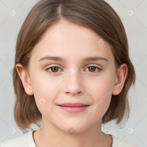 Joyful white child female with medium  brown hair and brown eyes