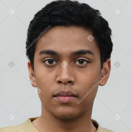 Neutral latino young-adult male with short  black hair and brown eyes
