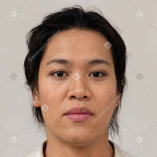 Neutral asian young-adult female with medium  brown hair and brown eyes