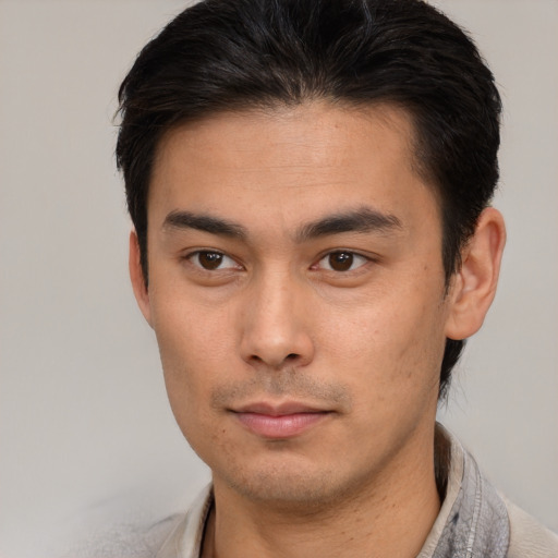 Neutral asian young-adult male with short  brown hair and brown eyes
