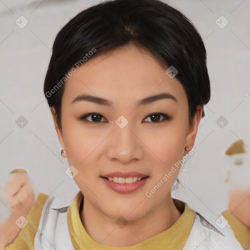 Joyful asian young-adult female with short  brown hair and brown eyes