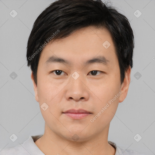 Neutral asian young-adult male with short  black hair and brown eyes