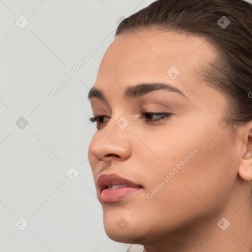 Neutral white young-adult female with short  brown hair and brown eyes