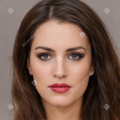 Neutral white young-adult female with long  brown hair and brown eyes