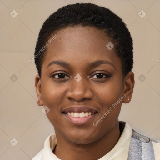 Joyful latino young-adult female with short  black hair and brown eyes