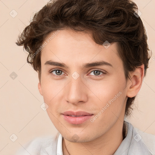 Joyful white young-adult male with medium  brown hair and brown eyes