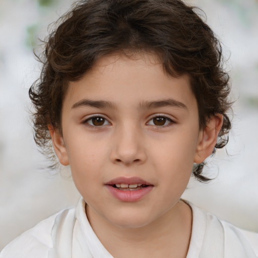 Joyful white child female with medium  brown hair and brown eyes