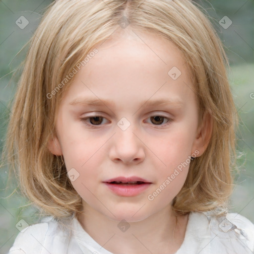 Neutral white child female with medium  brown hair and blue eyes