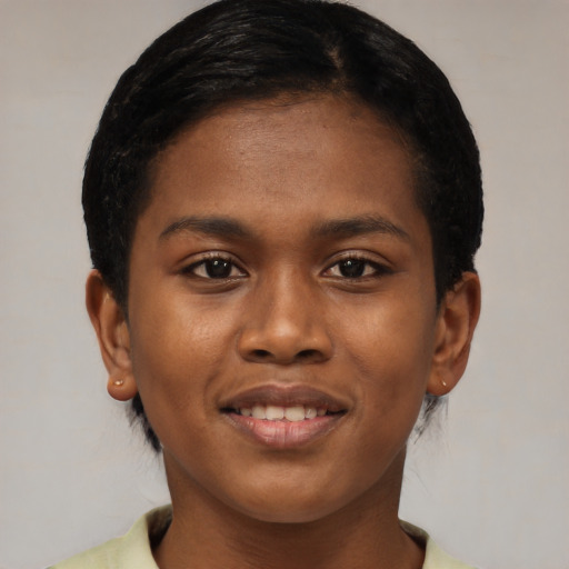 Joyful latino young-adult female with short  brown hair and brown eyes