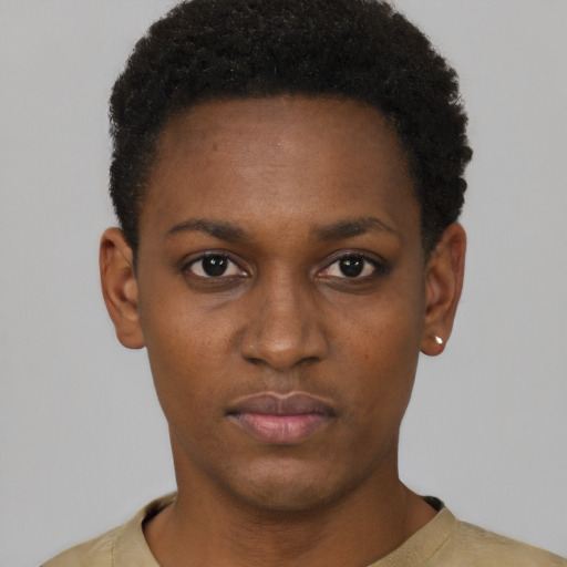 Neutral black young-adult female with short  black hair and brown eyes