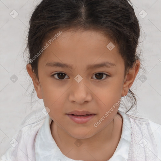 Joyful white child female with medium  brown hair and brown eyes