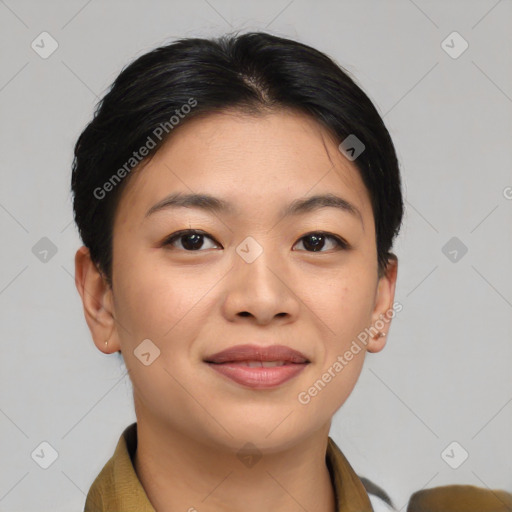 Joyful asian young-adult female with short  brown hair and brown eyes