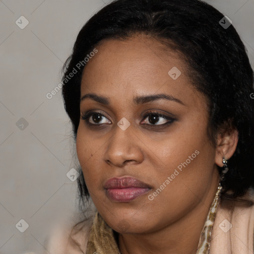 Joyful black young-adult female with long  black hair and brown eyes