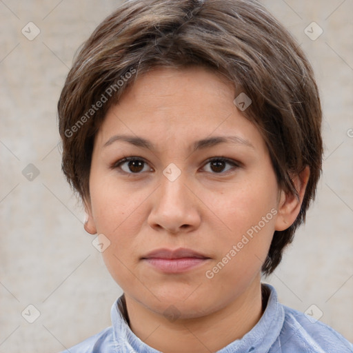 Neutral white young-adult female with medium  brown hair and brown eyes