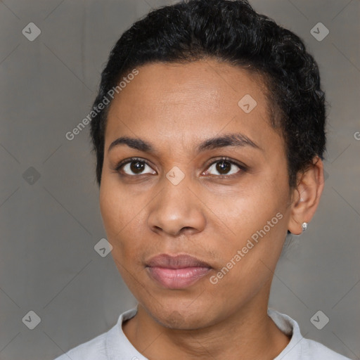 Neutral black young-adult female with short  black hair and brown eyes