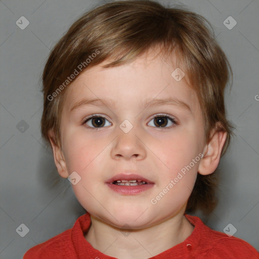 Neutral white child female with medium  brown hair and blue eyes