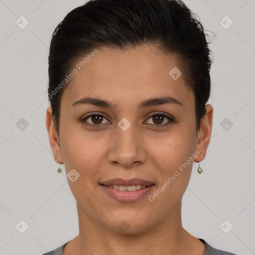 Joyful white young-adult female with short  brown hair and brown eyes