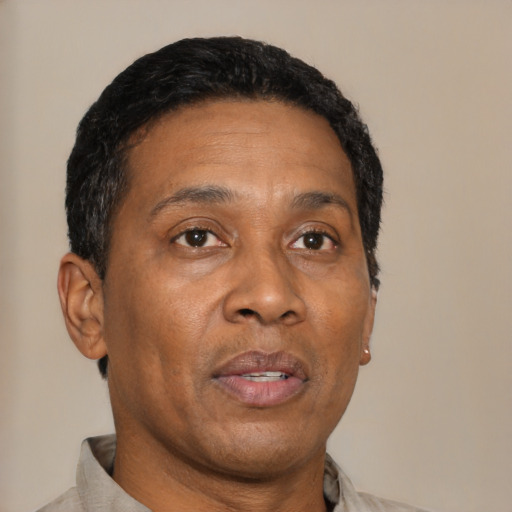 Neutral black adult male with short  brown hair and brown eyes