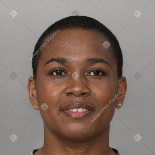 Joyful black young-adult female with short  brown hair and brown eyes