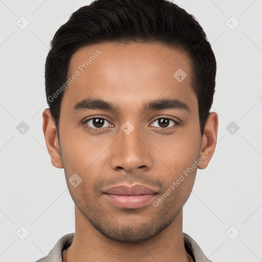 Neutral latino young-adult male with short  brown hair and brown eyes