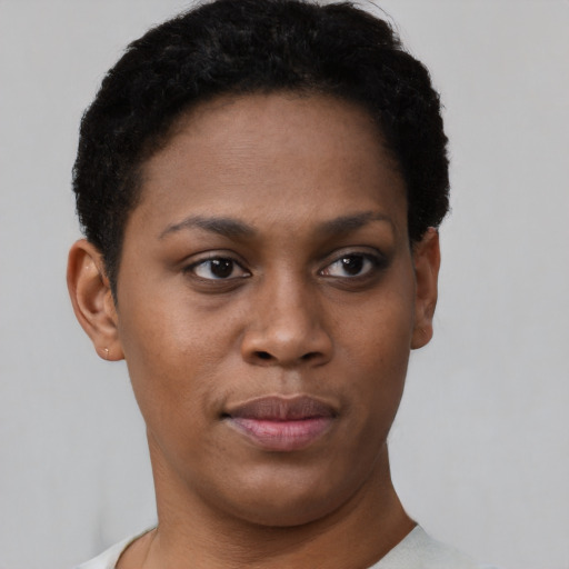 Neutral black young-adult female with short  brown hair and brown eyes