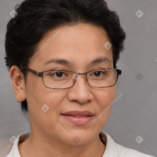 Joyful white adult female with short  brown hair and brown eyes