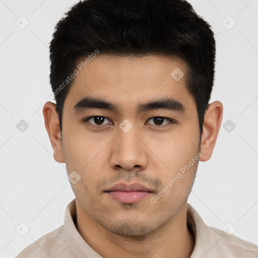 Neutral asian young-adult male with short  black hair and brown eyes