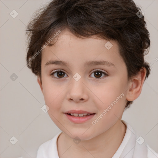 Joyful white child female with short  brown hair and brown eyes