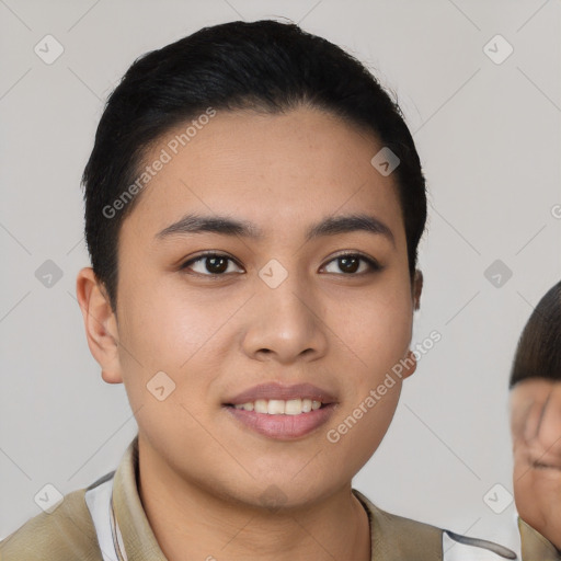 Joyful white young-adult female with short  brown hair and brown eyes