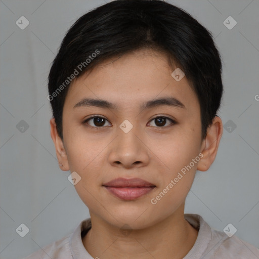 Joyful asian young-adult female with short  brown hair and brown eyes