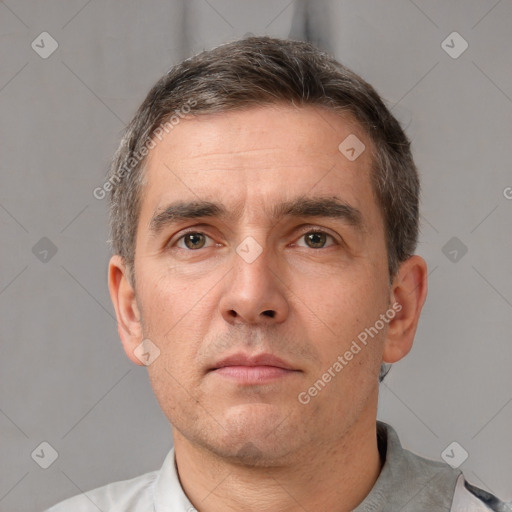 Neutral white adult male with short  brown hair and brown eyes