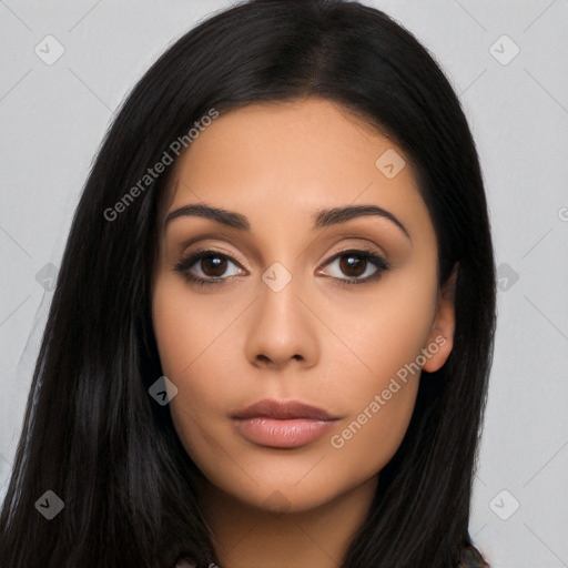 Neutral latino young-adult female with long  black hair and brown eyes