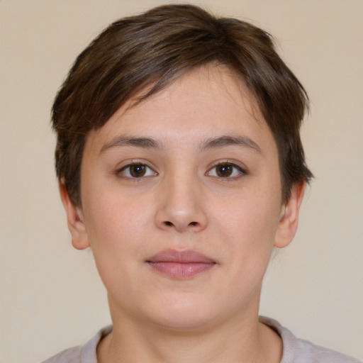 Neutral white young-adult female with short  brown hair and brown eyes